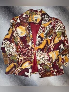 (A6) Chico's Size 1 Silk Blend Floral Paisley Blazer Jacket Red Gold Medium 8/10